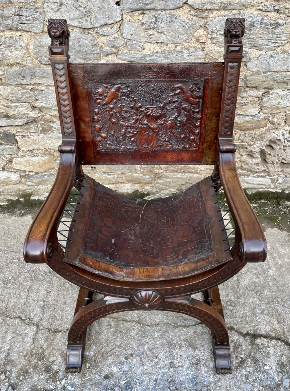 Antique Continental X-Frame Carved Oak Throne View II
