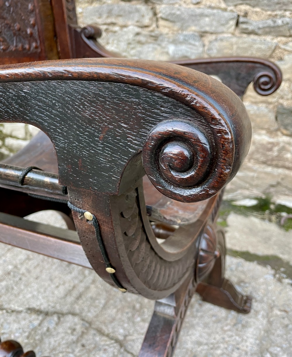 Antique Continental X-Frame Carved Oak Throne View VI