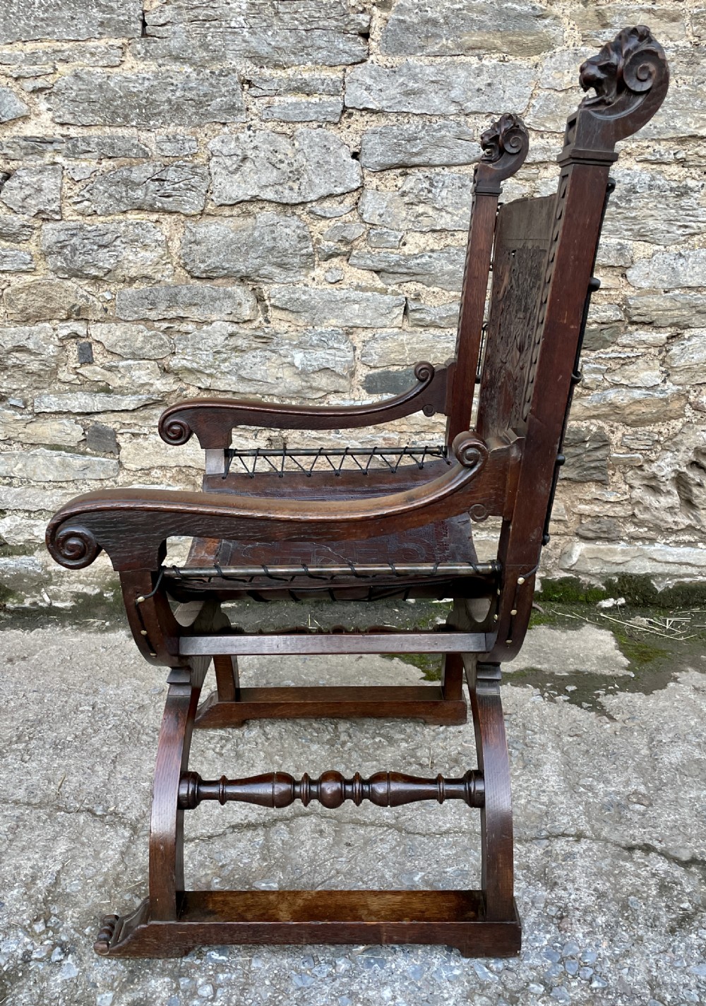 Antique Continental X-Frame Carved Oak Throne View VIII