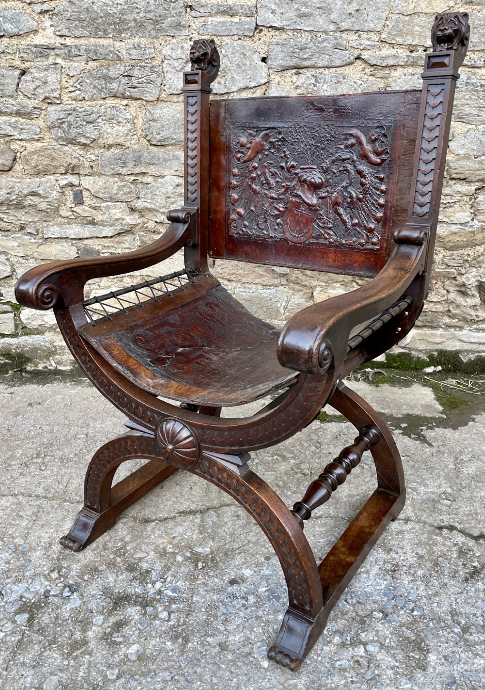 Antique Continental X-Frame Carved Oak Throne View XIII
