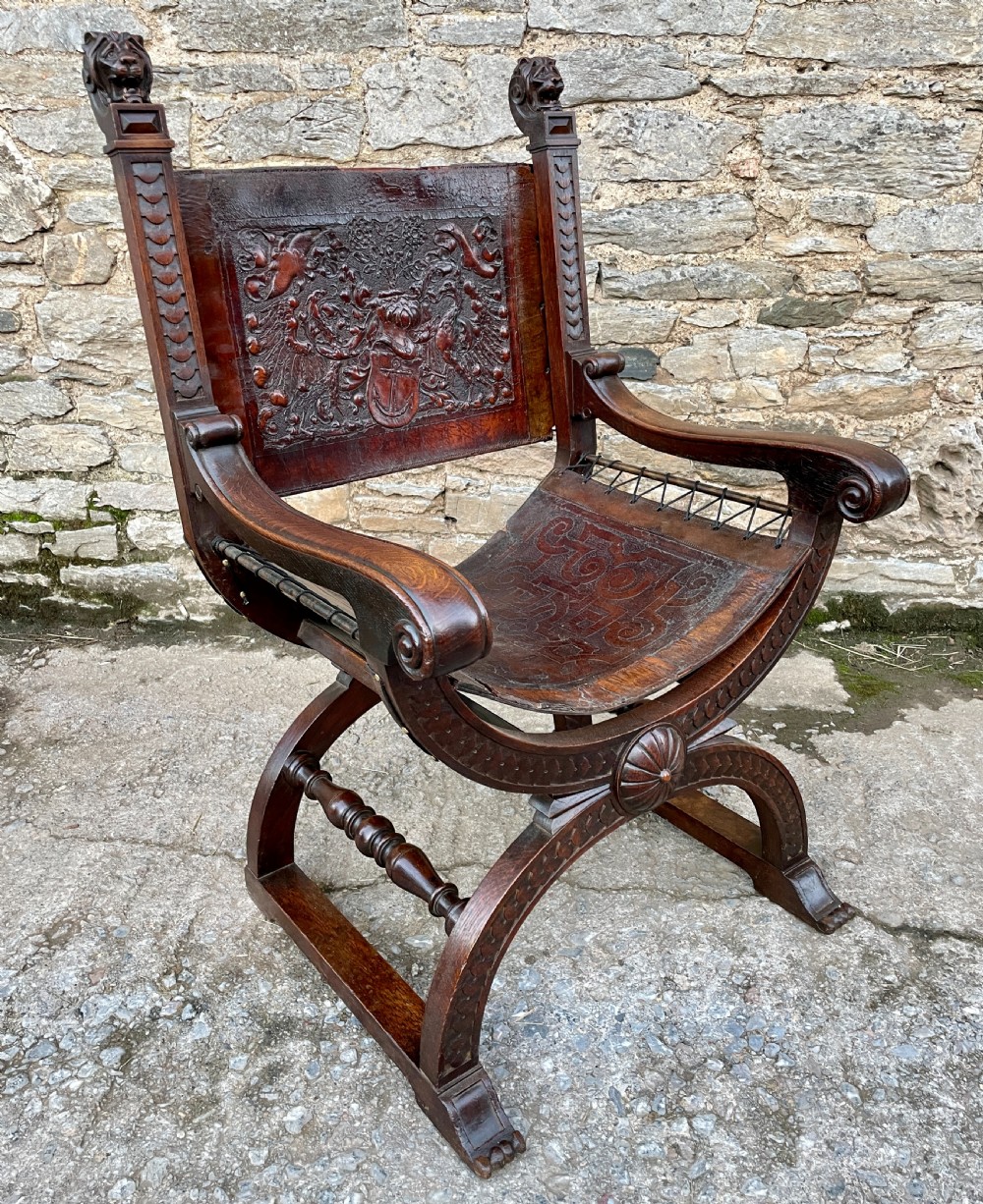 Antique Continental X-Frame Carved Oak Throne View XVIII