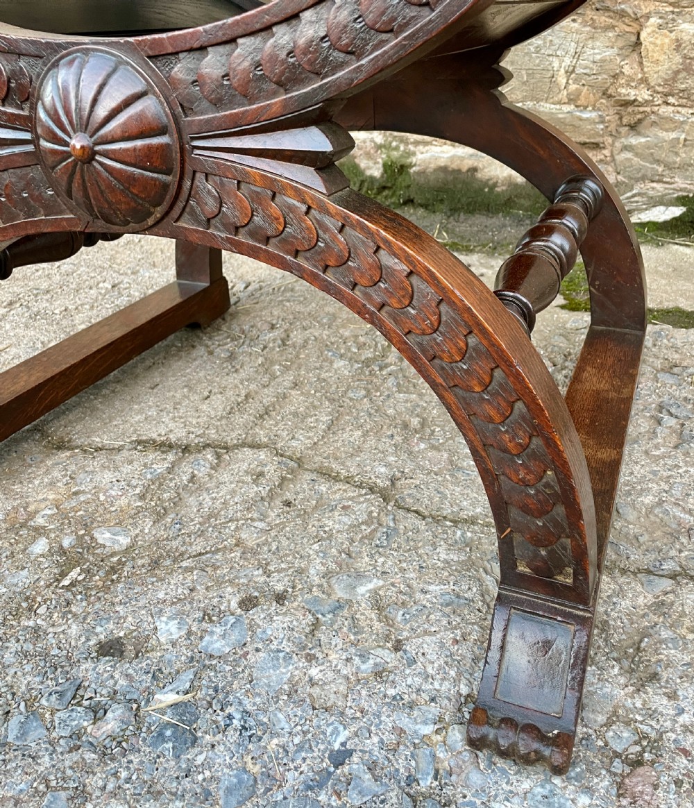 Antique Continental X-Frame Carved Oak Throne View XX