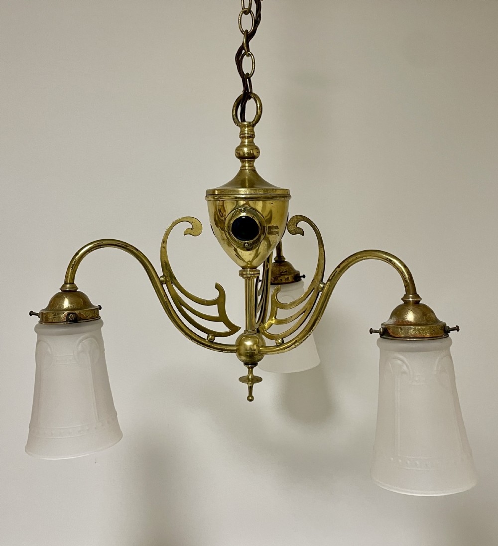 Arts and Crafts Brass Chandelier with Ruskin Cabochons