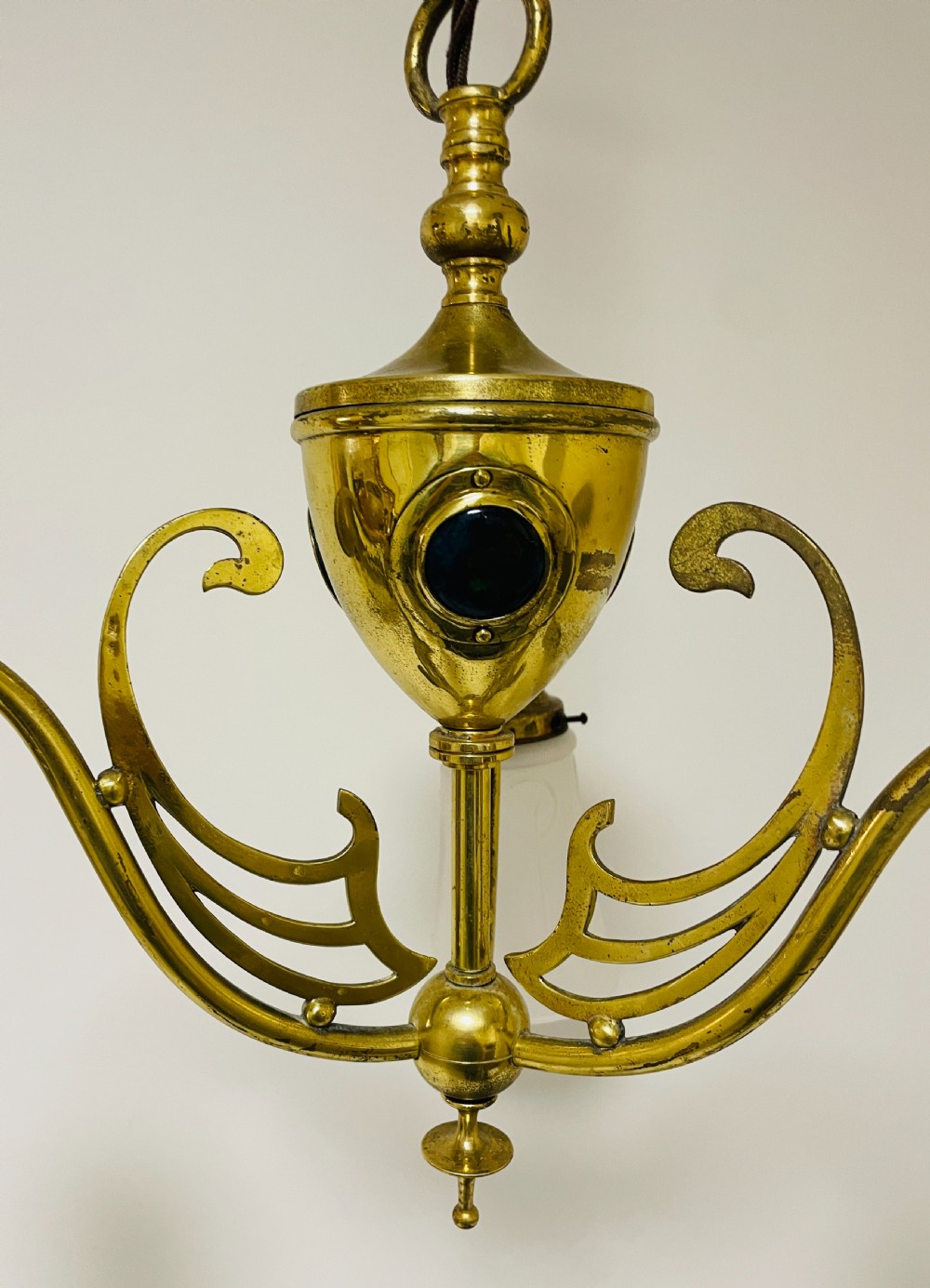 Arts and Crafts Brass Chandelier with Ruskin Cabochons View V
