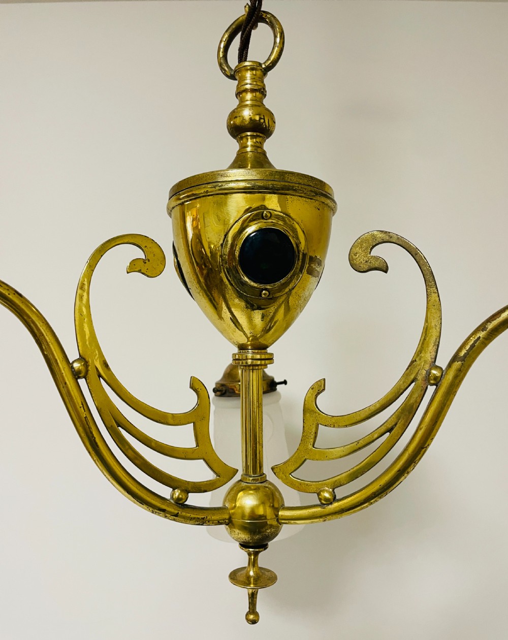Arts and Crafts Brass Chandelier with Ruskin Cabochons View VII