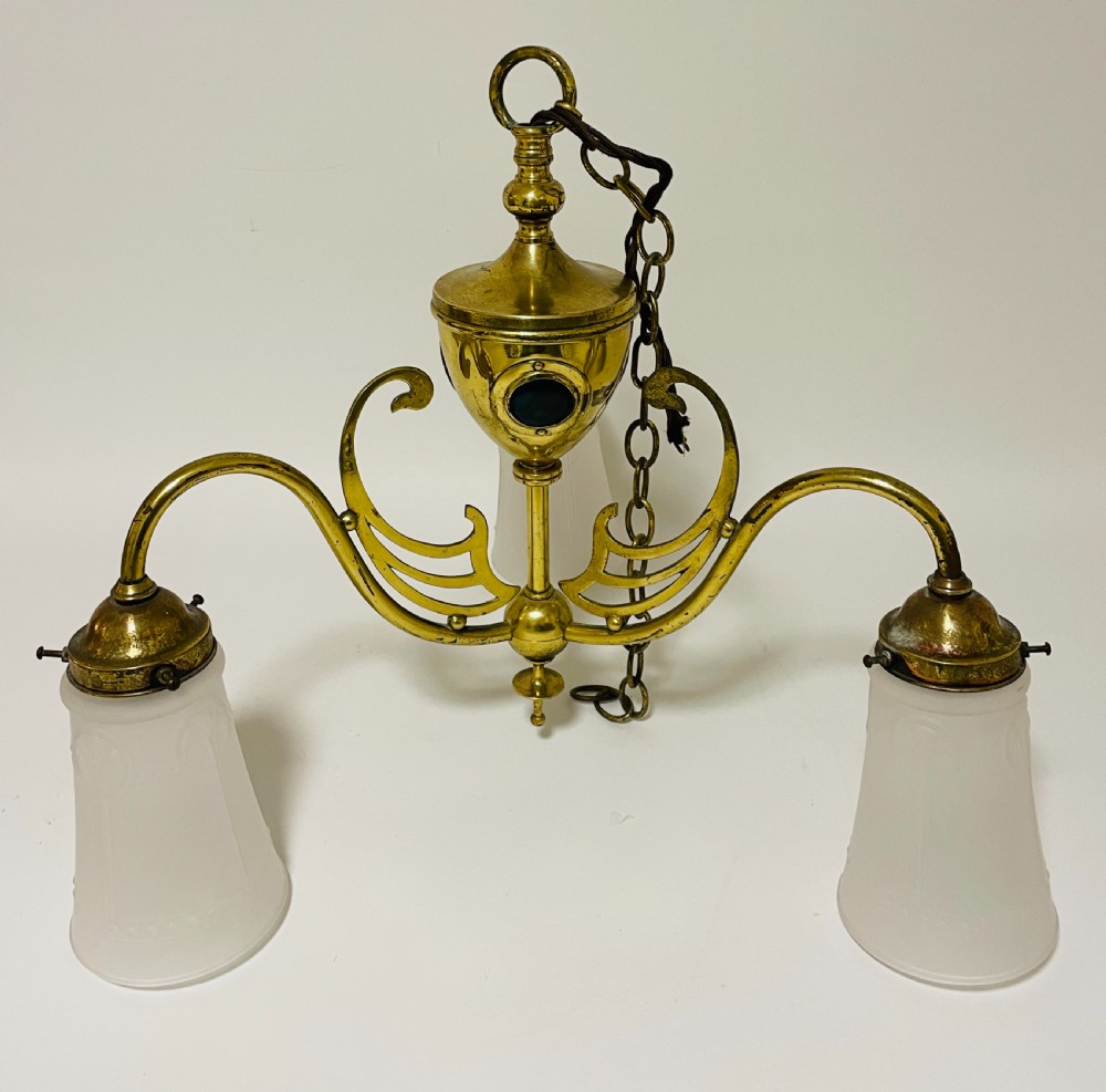 Arts and Crafts Brass Chandelier with Ruskin Cabochons View IX