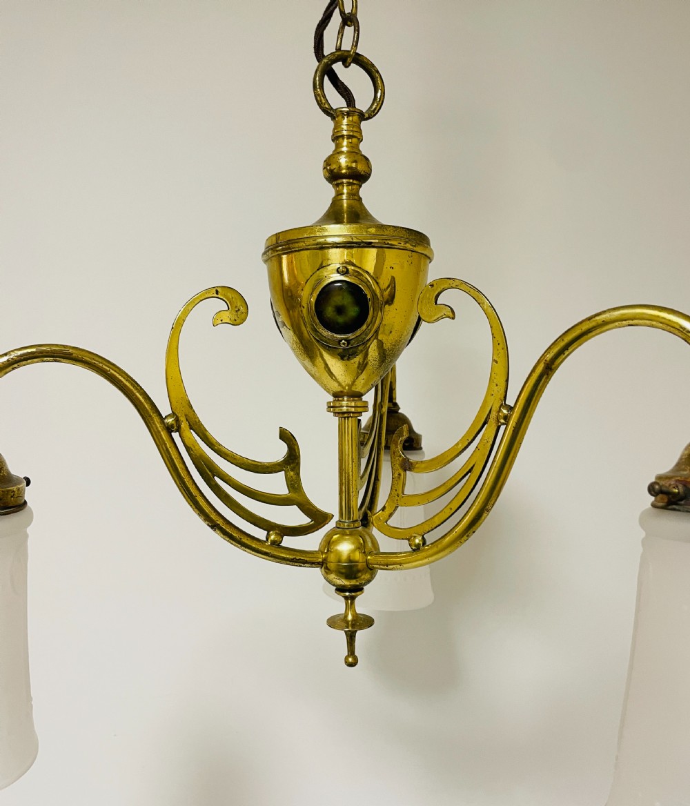 Arts and Crafts Brass Chandelier with Ruskin Cabochons View XII