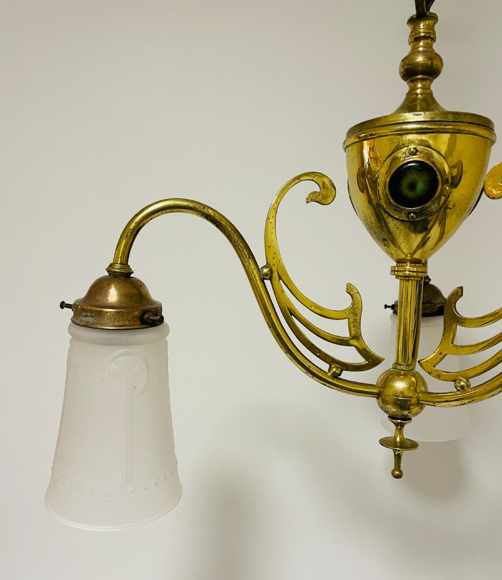 Arts and Crafts Brass Chandelier with Ruskin Cabochons View XIII