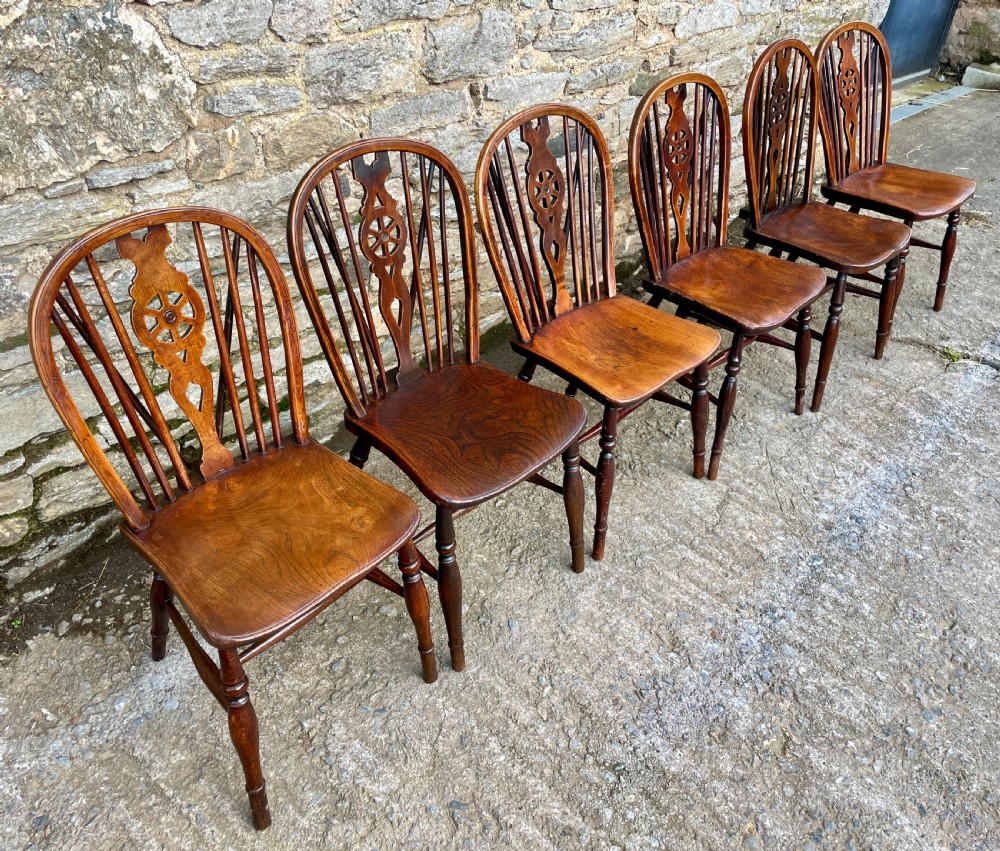 Set of Six Antique Elm Seated Wheelback Chairs View II