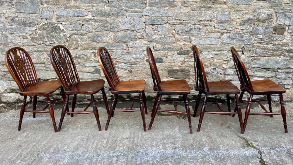 Set of Six Antique Elm Seated Wheelback Chairs View IV