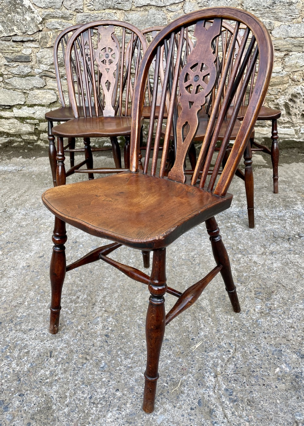 Set of Six Antique Elm Seated Wheelback Chairs View V