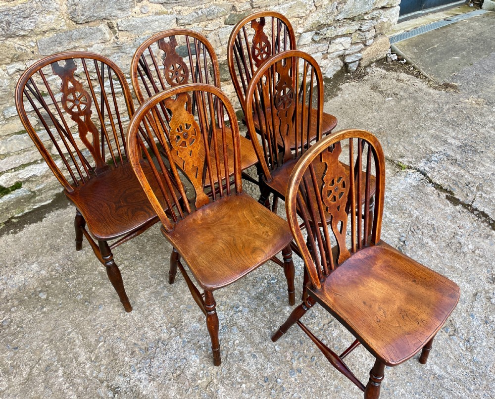 Set of Six Antique Elm Seated Wheelback Chairs View VII