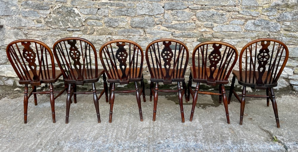 Set of Six Antique Elm Seated Wheelback Chairs View X