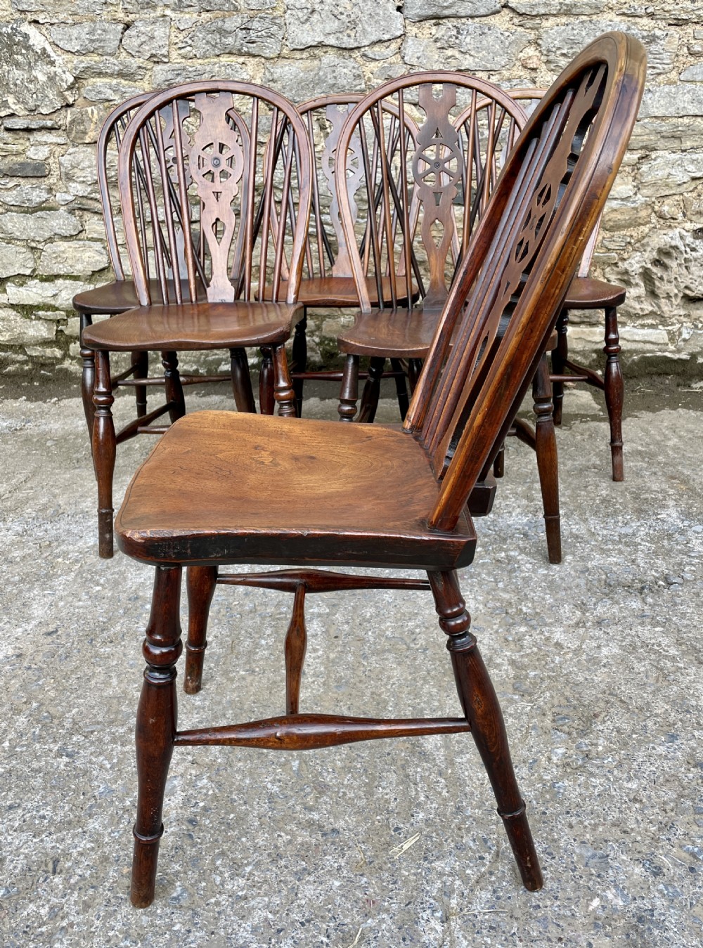 Set of Six Antique Elm Seated Wheelback Chairs View XI