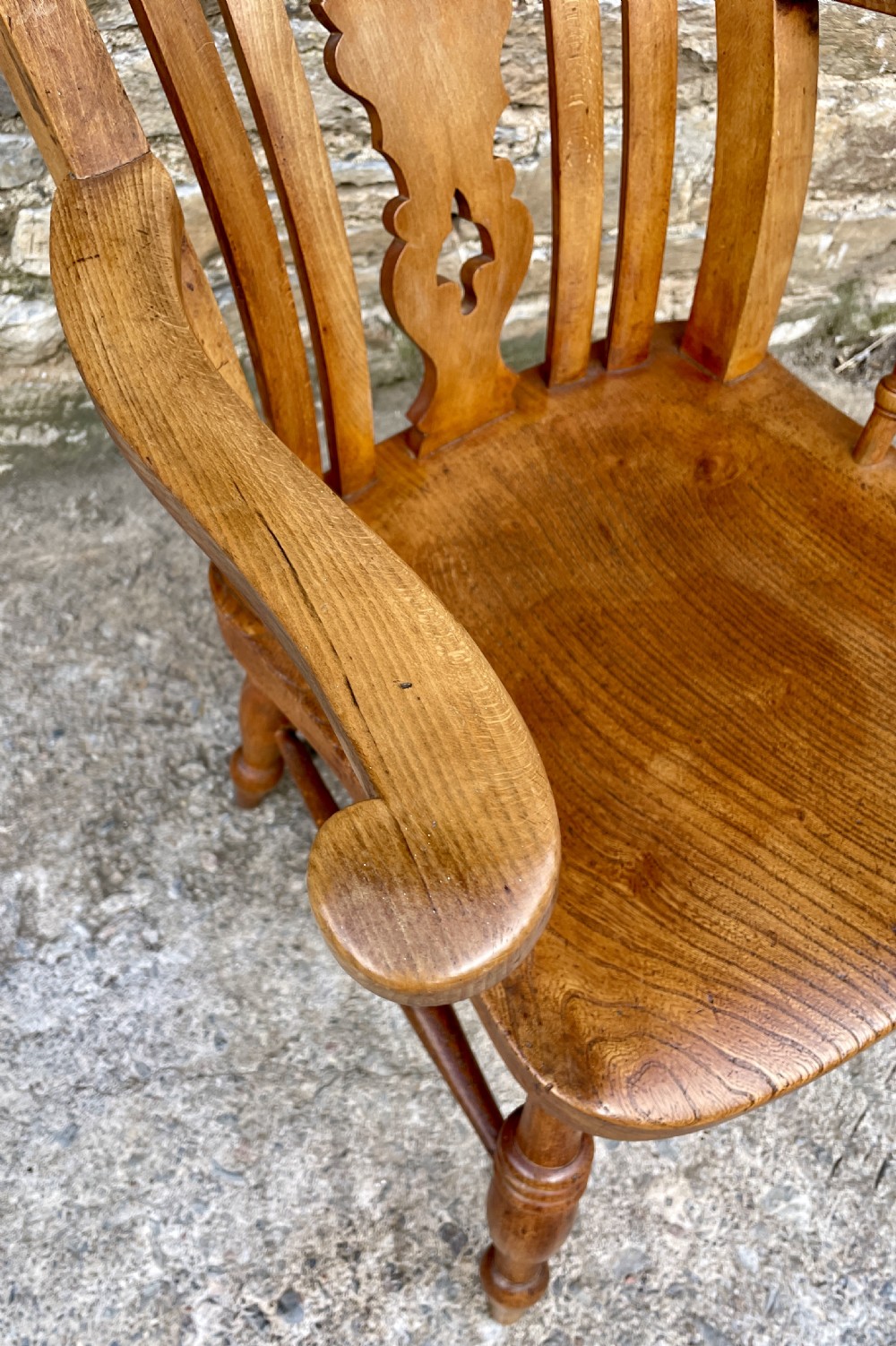 Antique Elm Lathe Back Farmhouse Chair View XIV