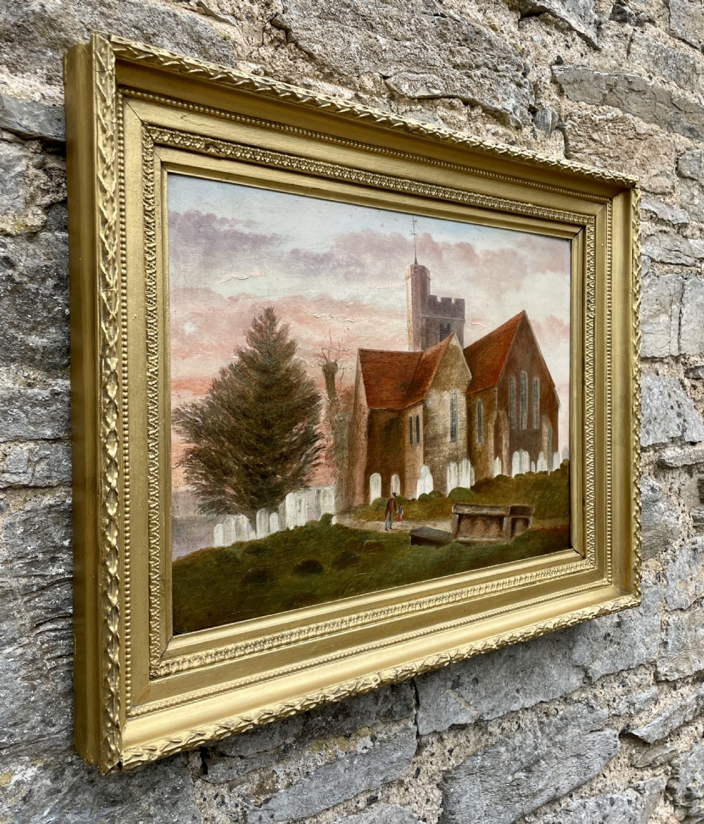 Oil on Board of Broughton-under-Blean Church by F.Baker 1869 View II