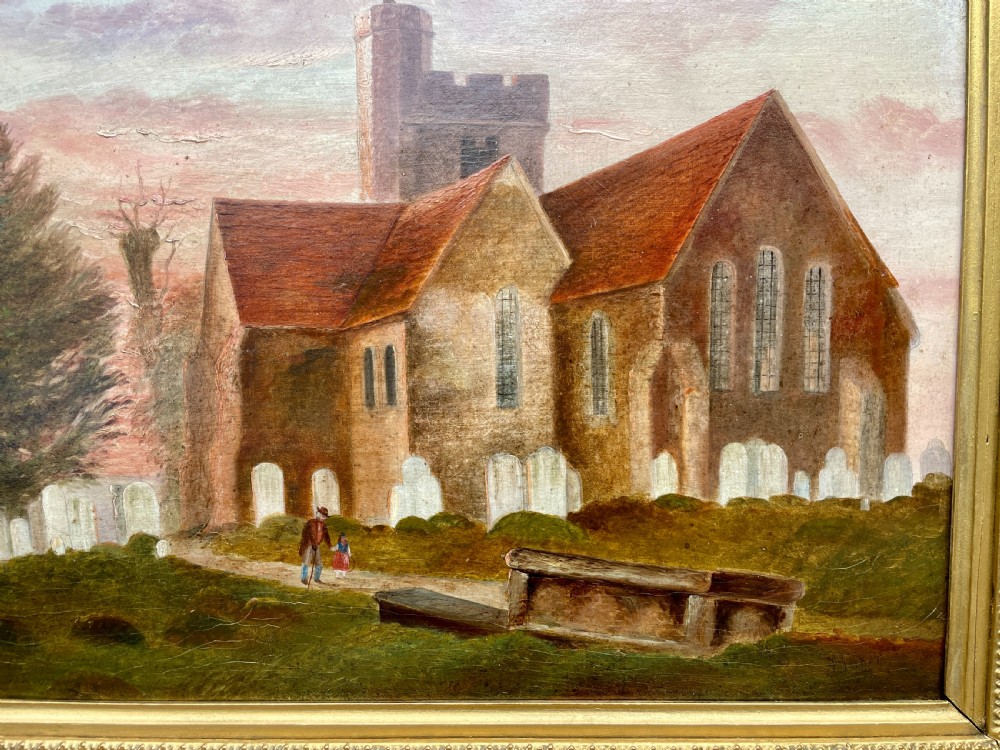 Oil on Board of Broughton-under-Blean Church by F.Baker 1869 View III