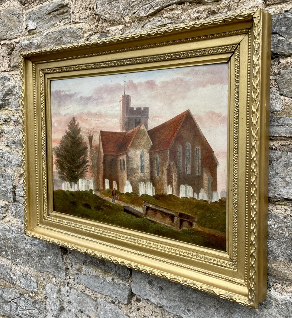Oil on Board of Broughton-under-Blean Church by F.Baker 1869 View VII