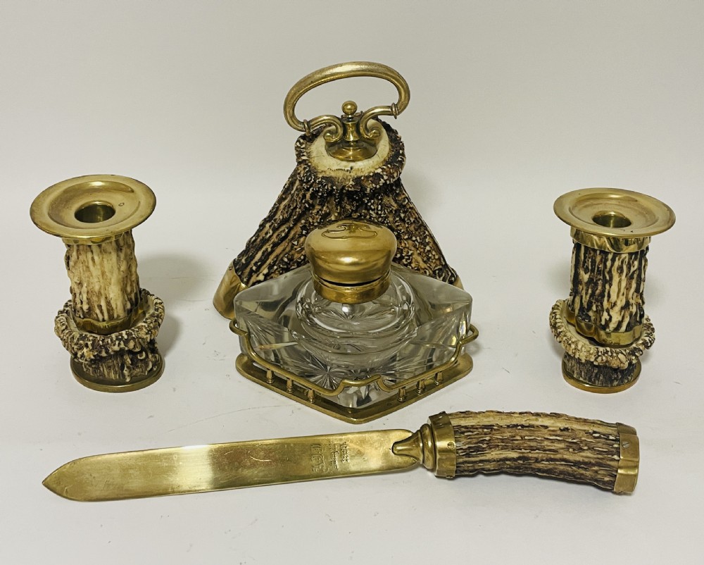 Victorian Brass Mounted Antler Desk Set