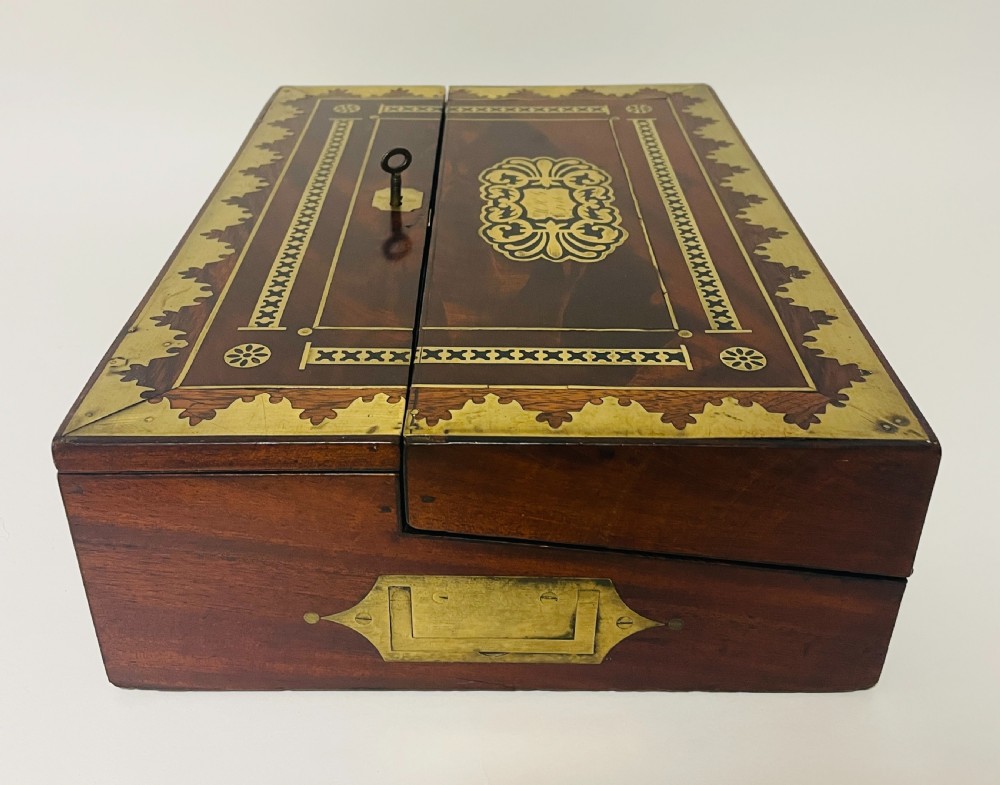 Antique Mahogany Brass Inlaid Writing Slope View X