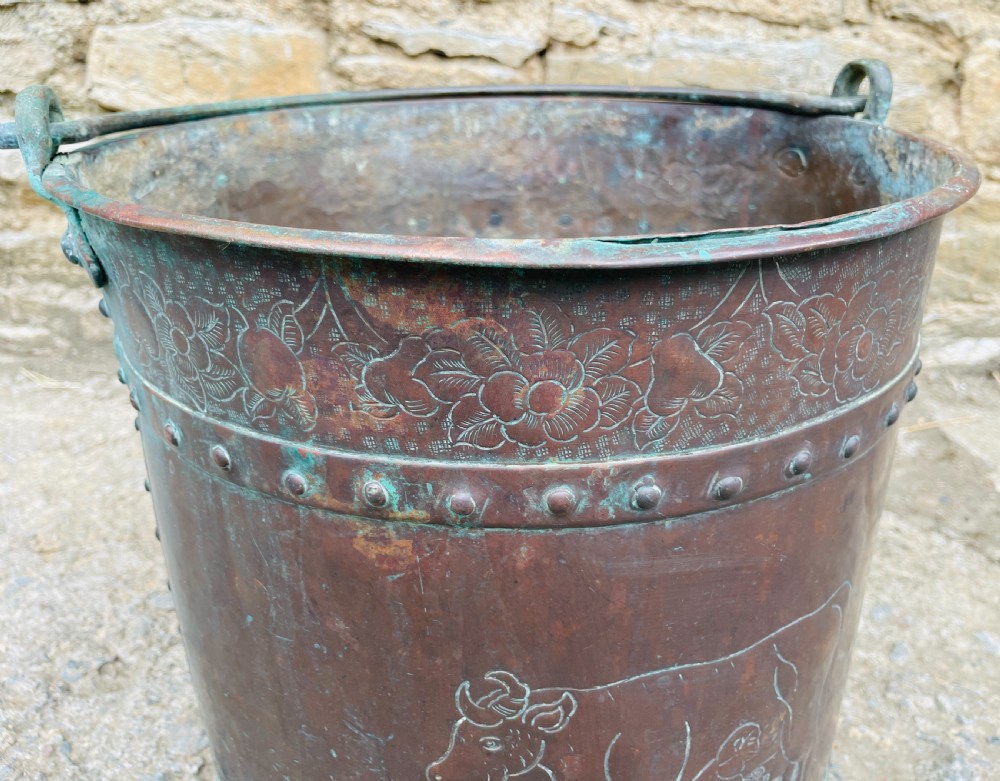 Victorian Copper Riveted Bucket with Naive Decoration View VIII