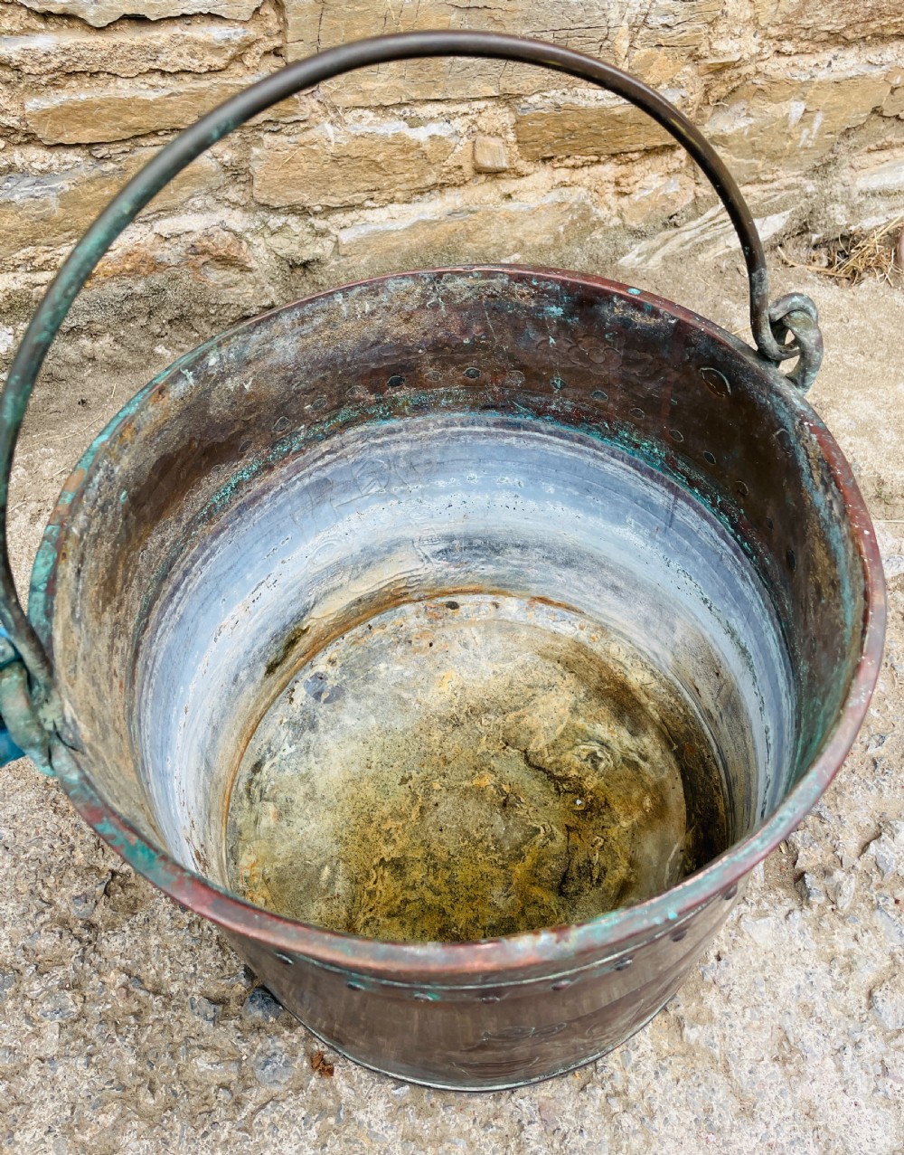 Victorian Copper Riveted Bucket with Naive Decoration View X