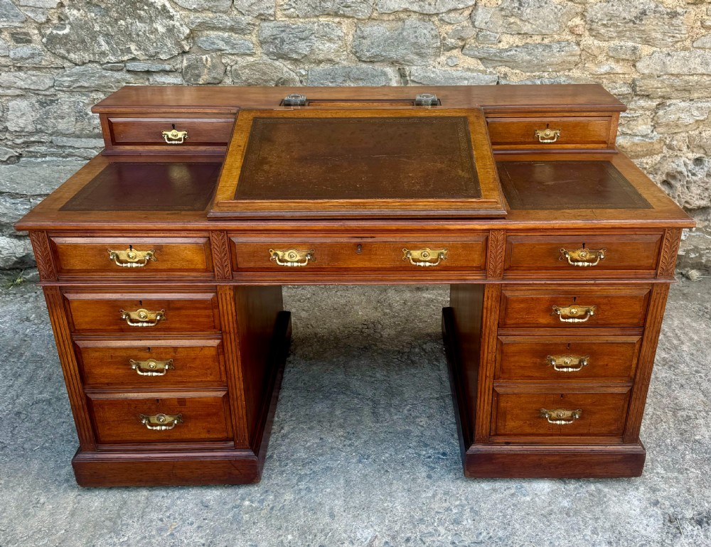 Large Edwardian Walnut Pedestal Desk View II