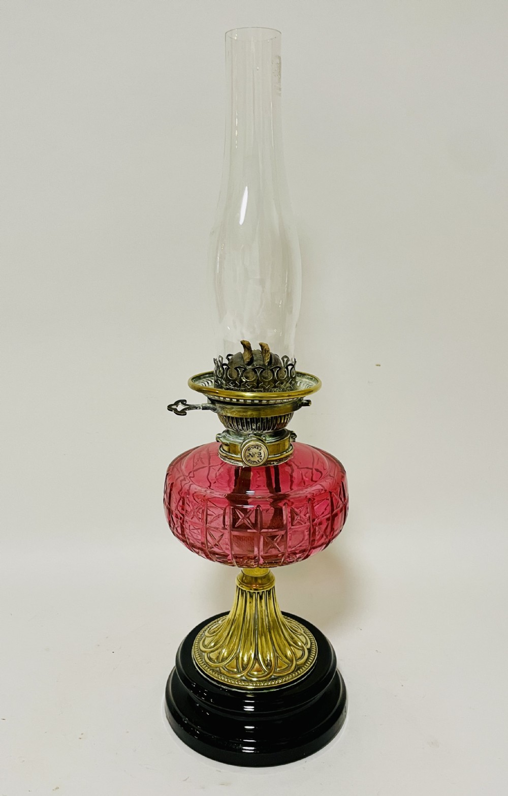 Victorian Cranberry Glass Oil Lamp with Hinks Burner