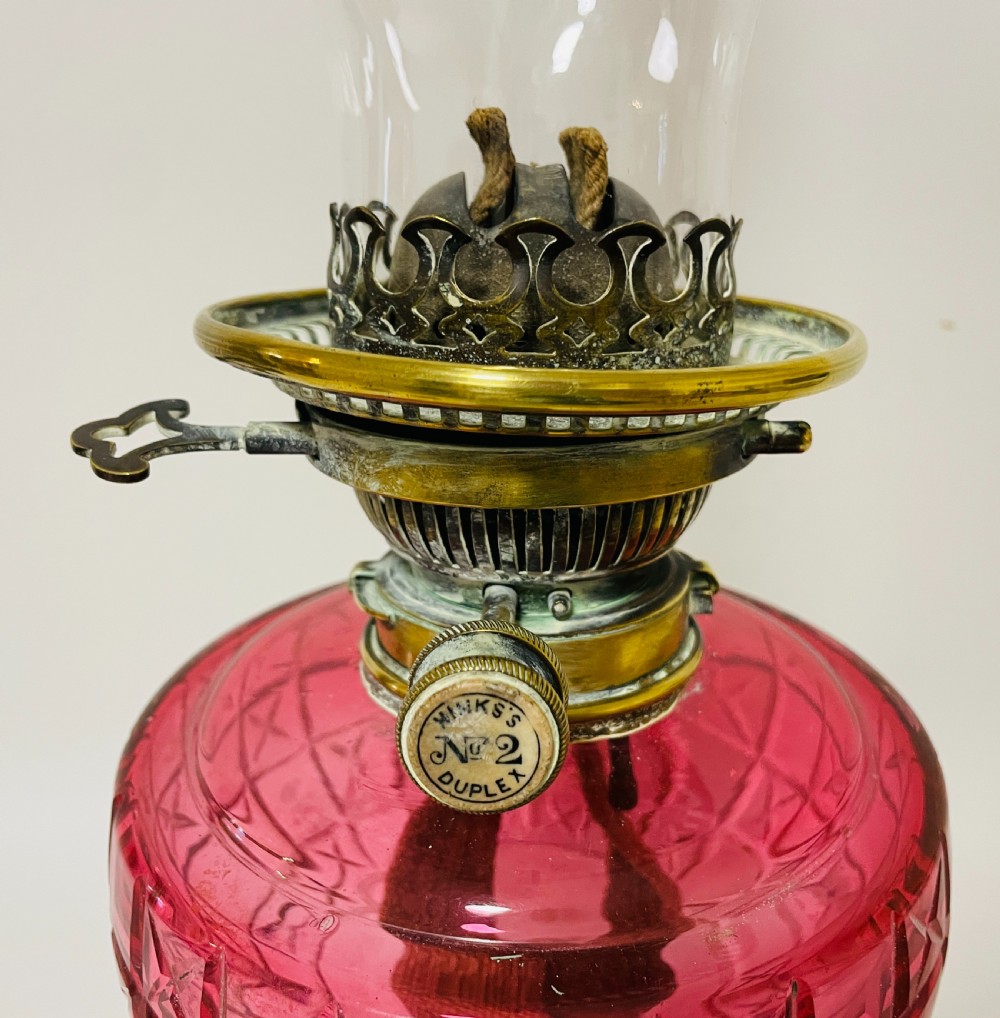 Victorian Cranberry Glass Oil Lamp with Hinks Burner View II