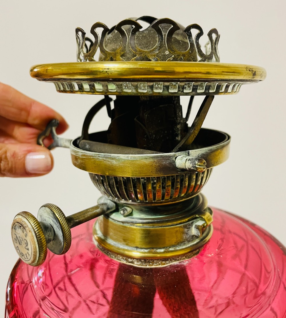 Victorian Cranberry Glass Oil Lamp with Hinks Burner View IX