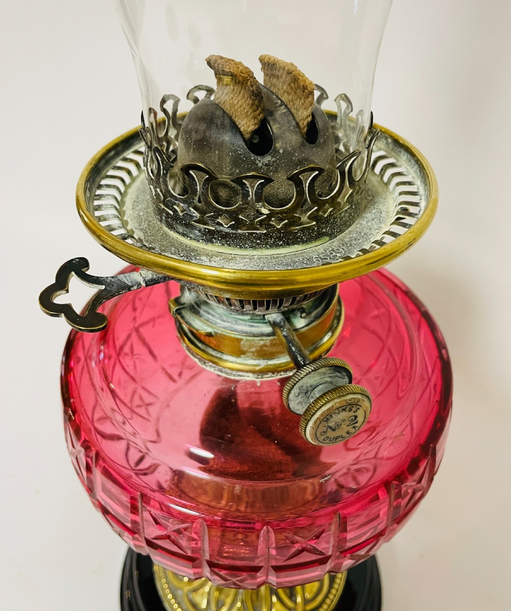 Victorian Cranberry Glass Oil Lamp with Hinks Burner View X