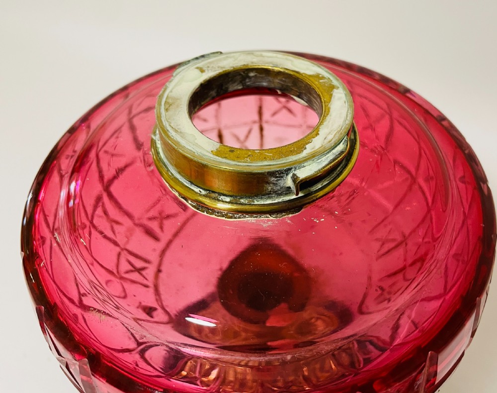 Victorian Cranberry Glass Oil Lamp with Hinks Burner View XII