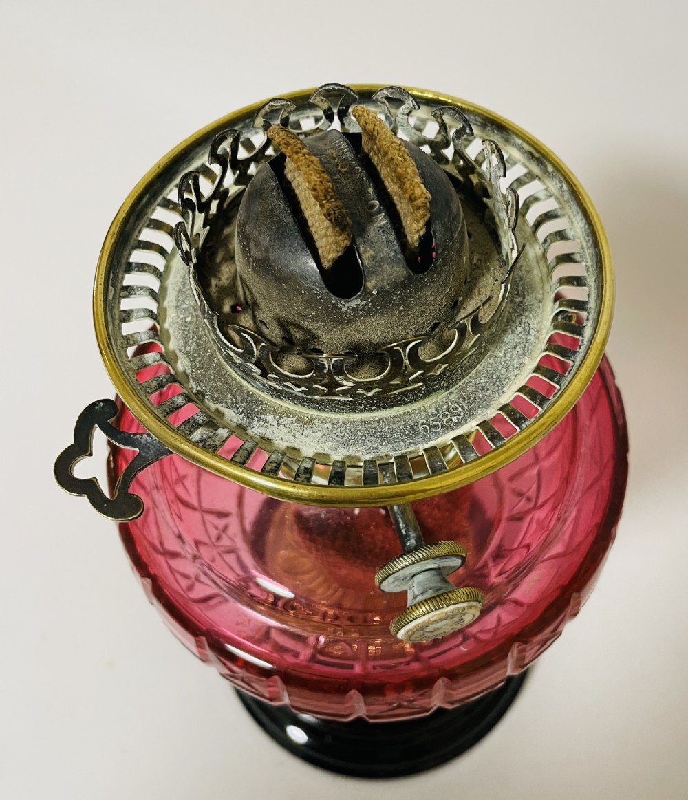 Victorian Cranberry Glass Oil Lamp with Hinks Burner View XIV