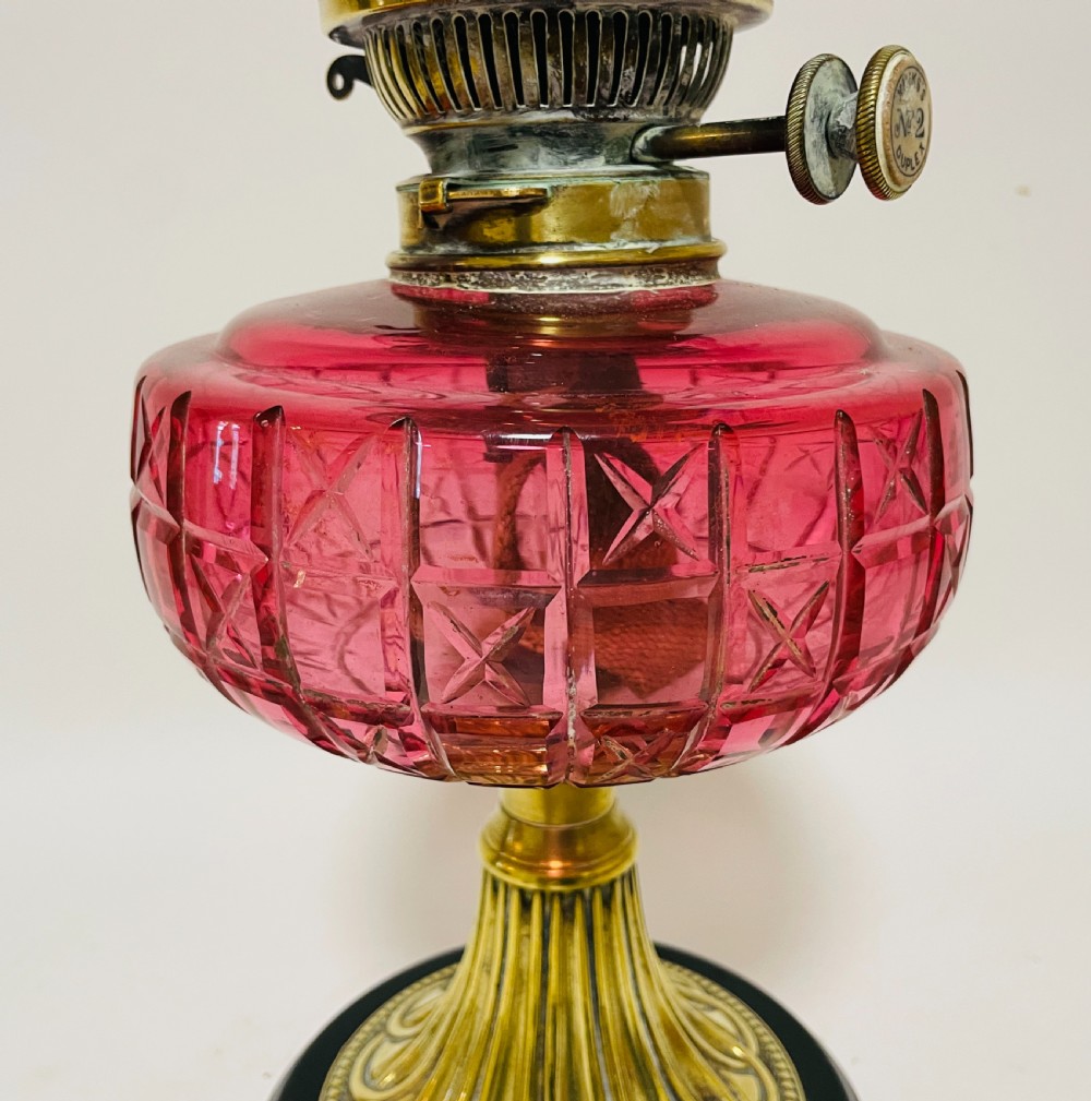 Victorian Cranberry Glass Oil Lamp with Hinks Burner View XVI