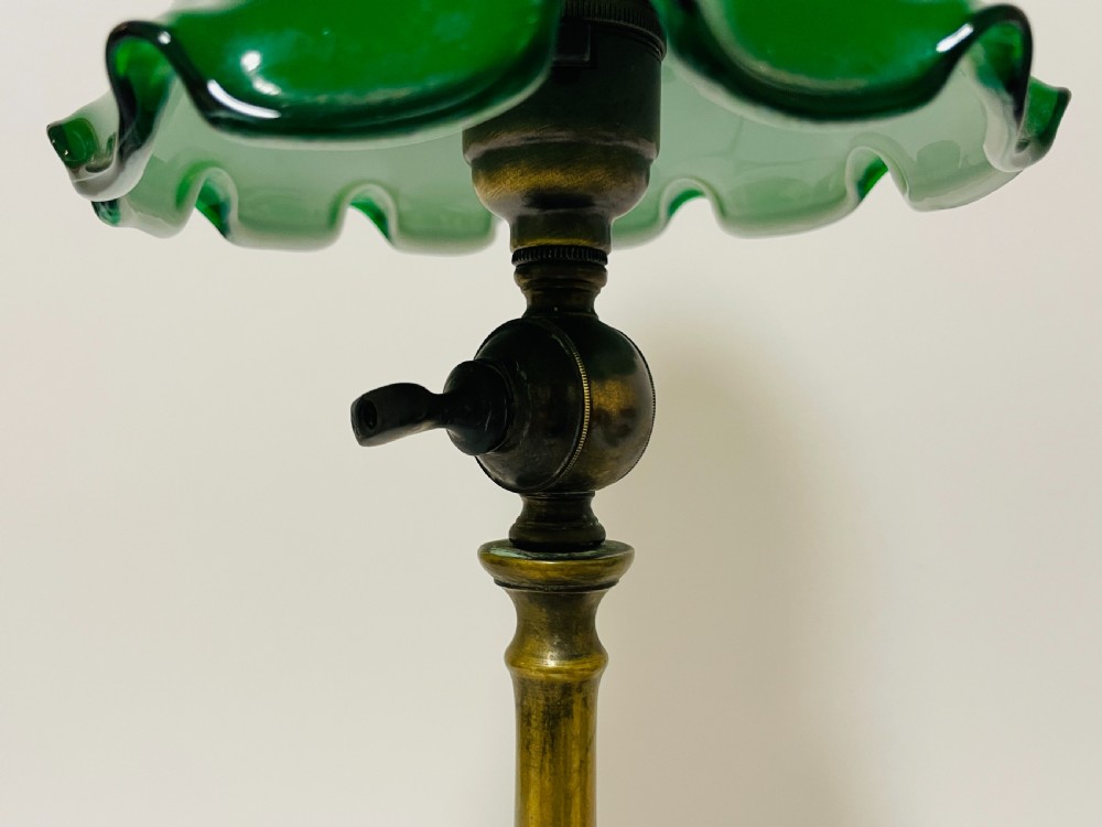 Antique Brass Table Lamp with Green Glass Shade View V