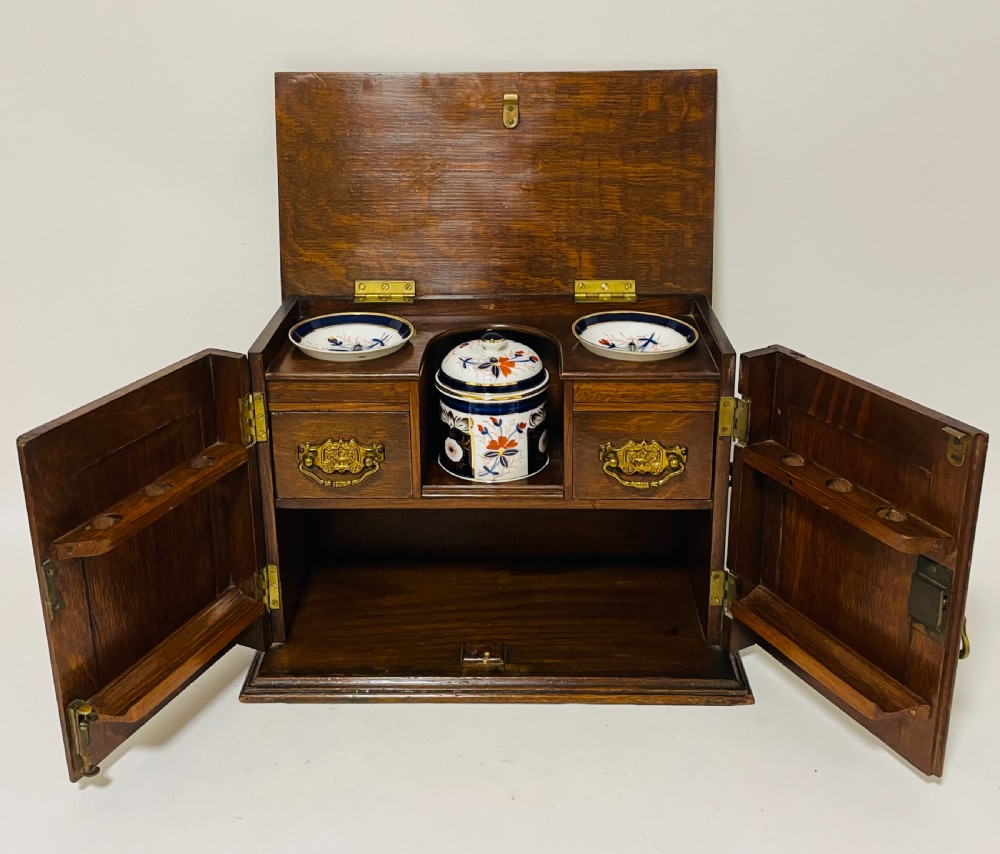 Edwardian Oak Smokers Cabinet with Imari Bowls