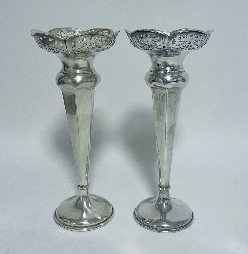 Pair of Antique Silver Trumpet Vases