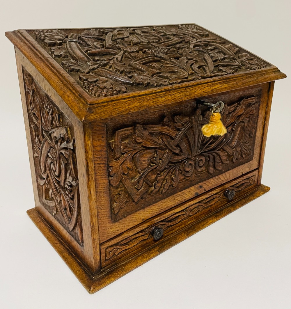 Victorian Carved Oak Stationery Box View V