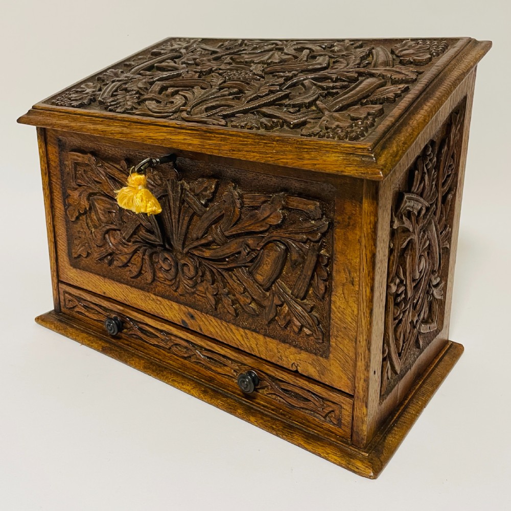 Victorian Carved Oak Stationery Box View VII