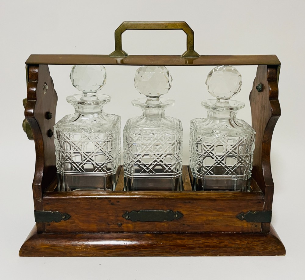 Antique 3 Bottle Oak Tantalus View V