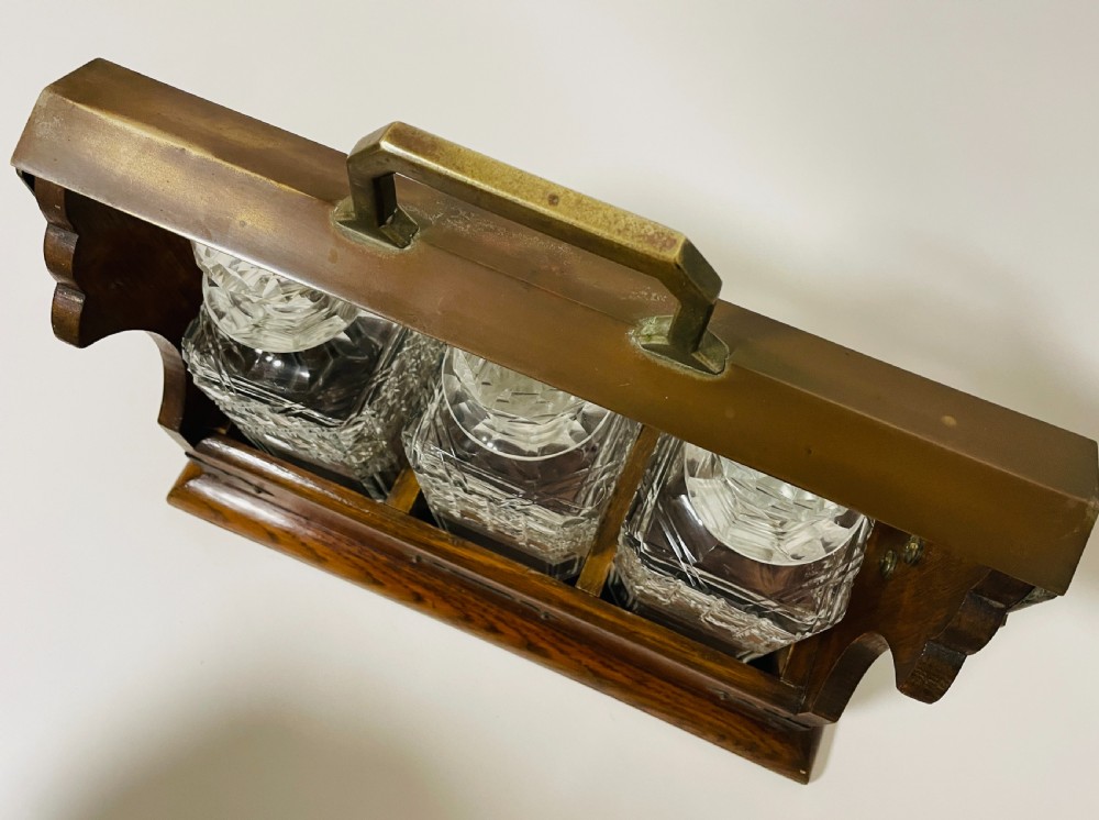 Antique 3 Bottle Oak Tantalus View IX