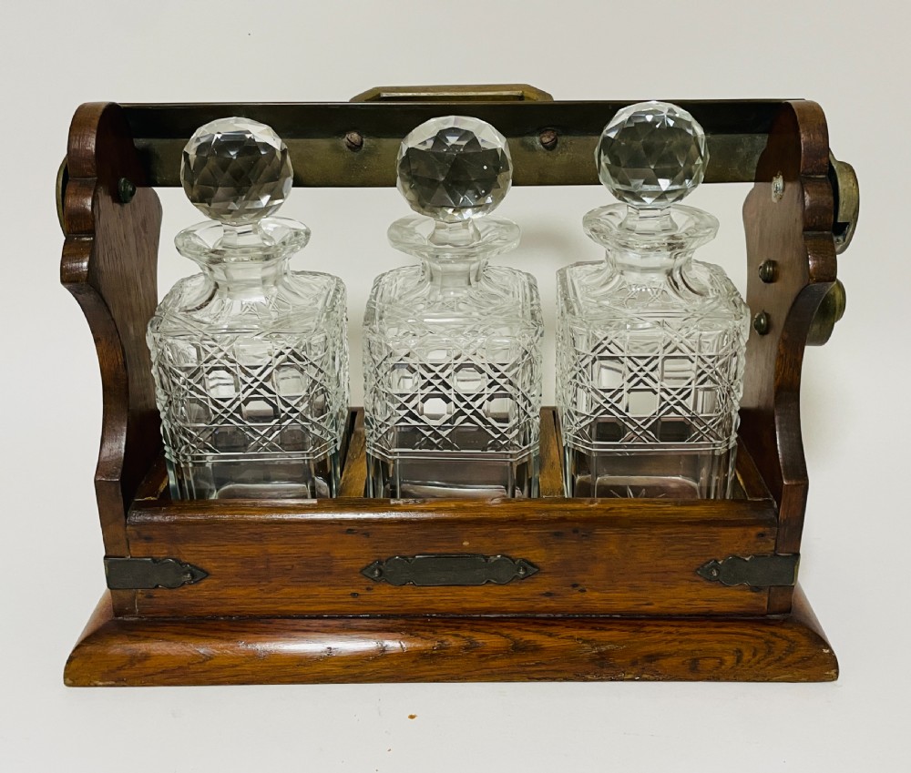 Antique 3 Bottle Oak Tantalus View X