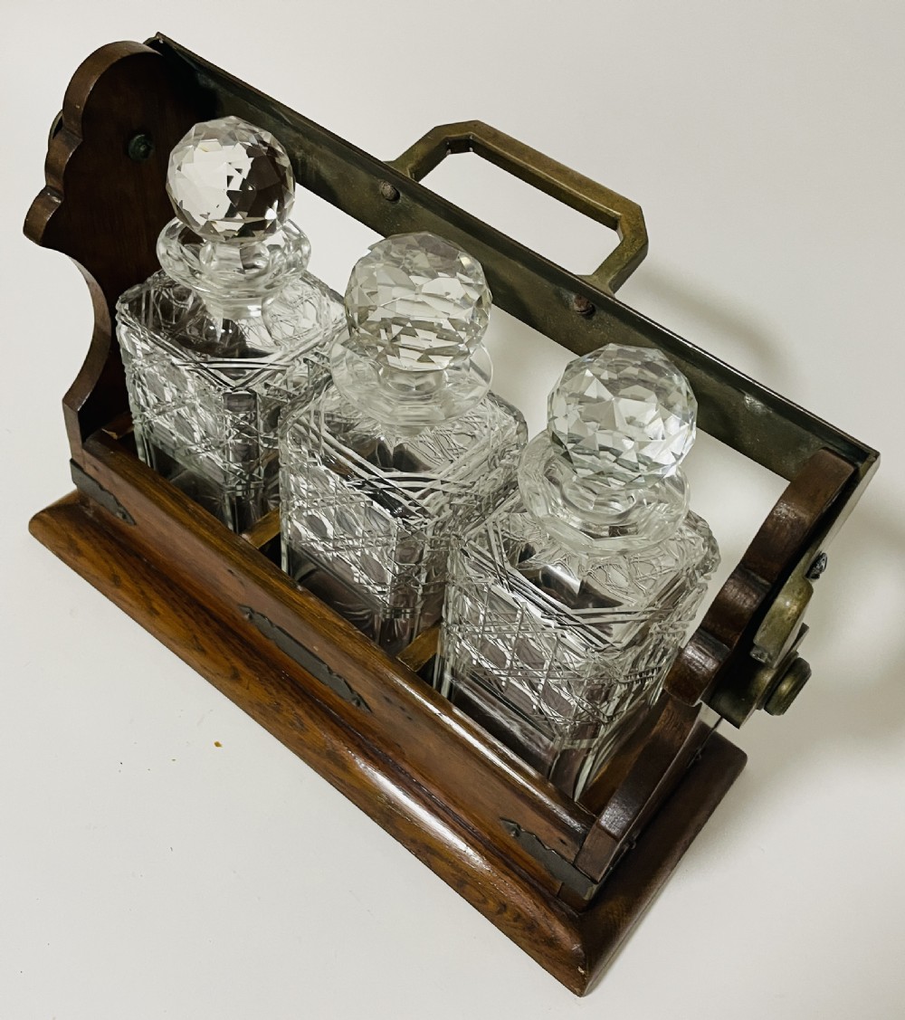Antique 3 Bottle Oak Tantalus View XIV