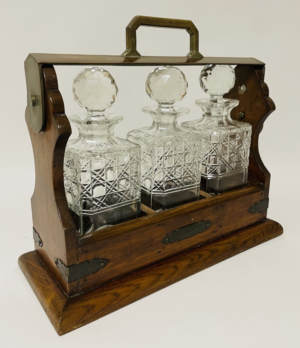 Antique 3 Bottle Oak Tantalus View XV