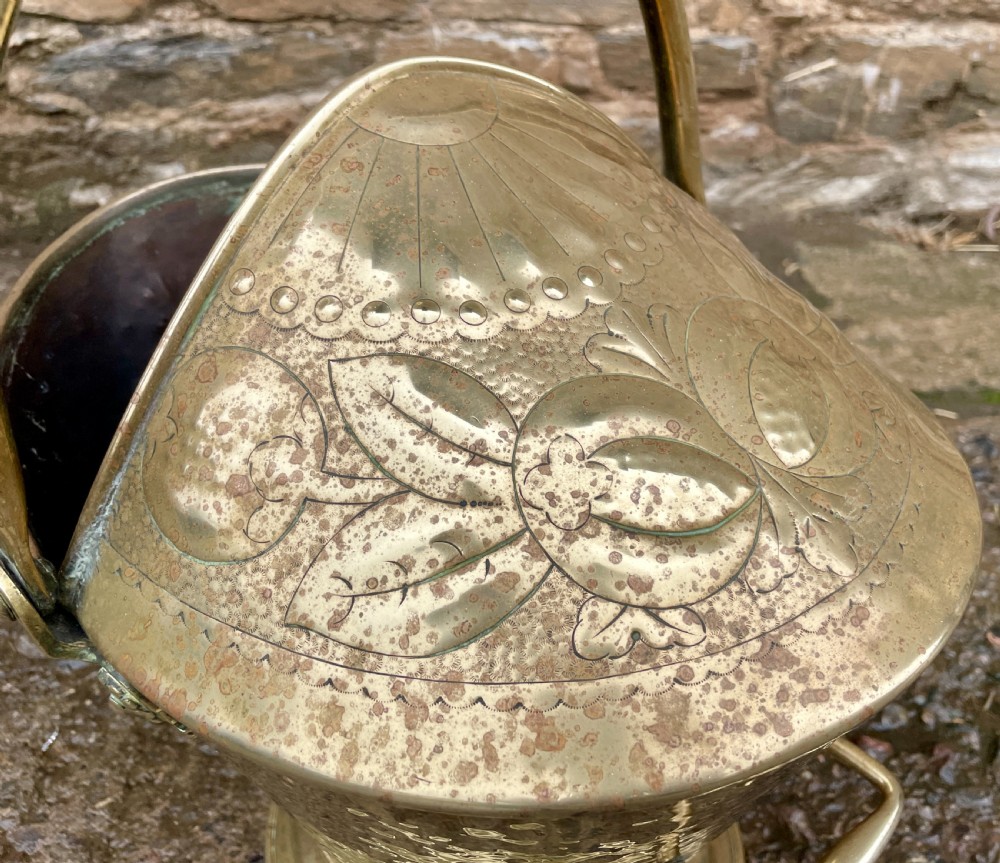 Antique Arts and Crafts Style Brass Coal Scuttle View X