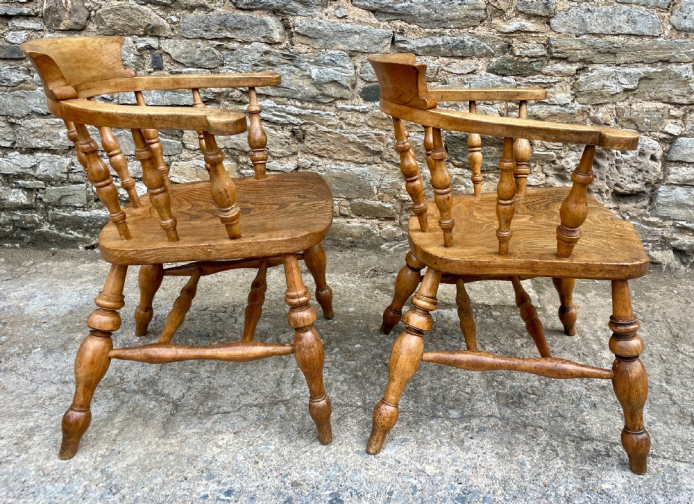 Pair of Antique Elm Captain's Chairs View X