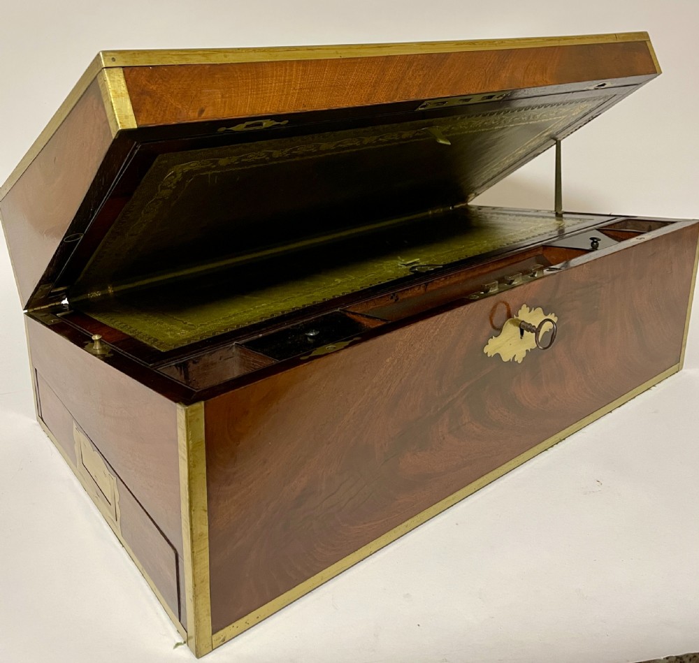 Antique Mahogany Brass Bound Campaign Writing Slope View IX