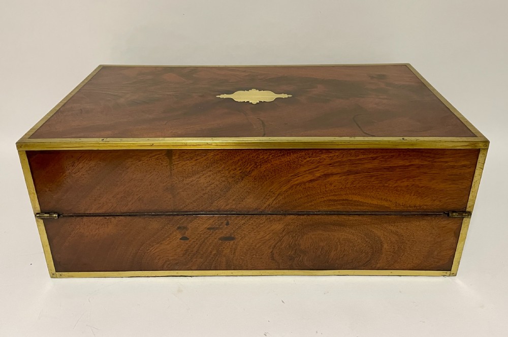 Antique Mahogany Brass Bound Campaign Writing Slope View X
