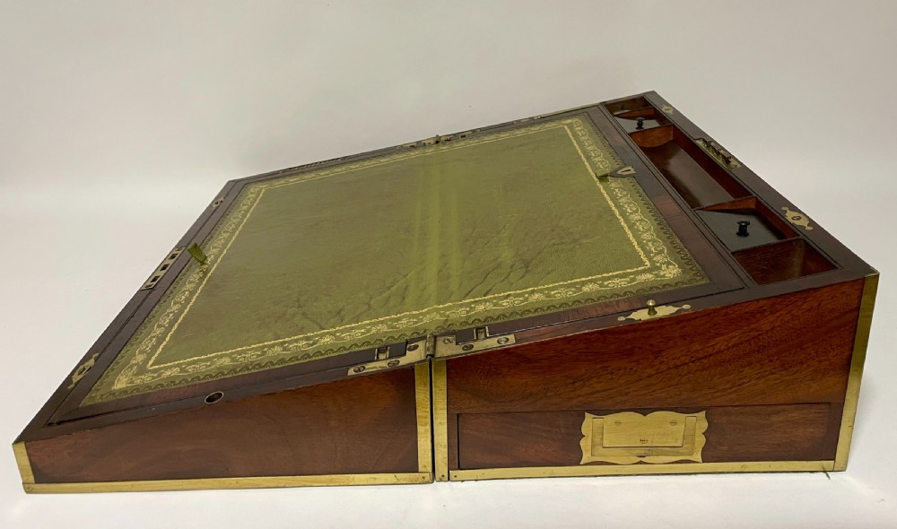 Antique Mahogany Brass Bound Campaign Writing Slope View XIII