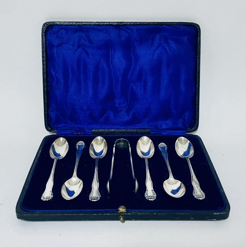 Set of 6 Silver Teaspoons and Tongs